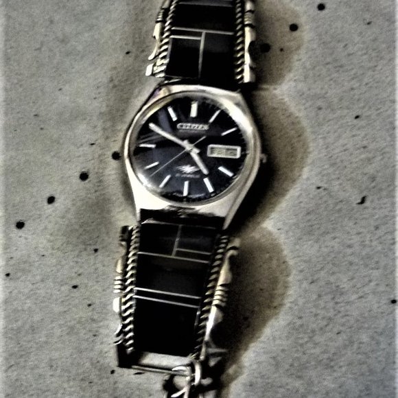 Citizen Auto Selfwinding Watch Day/Date+ Sterling & Onyx Band Mint Condition